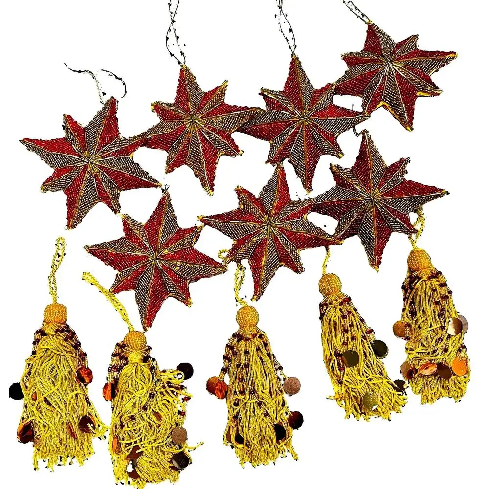 Vintage Art Deco Beaded Star Tassel Christmas Ornaments Gold Red Sparkles Set